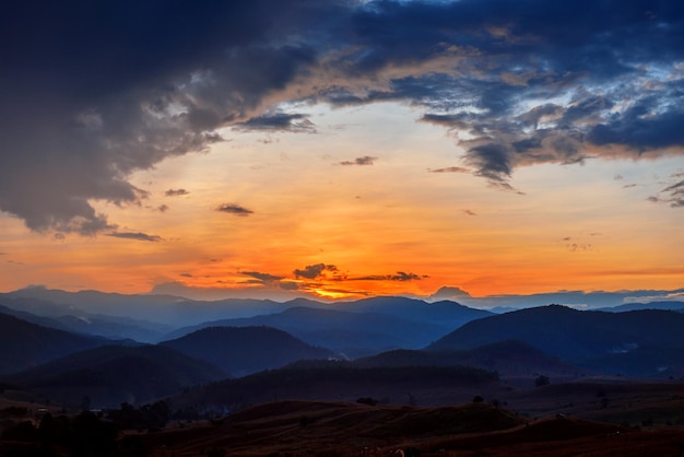 Majestic blue mountains landscape in sunset sky with clouds Chiang mai Thailand