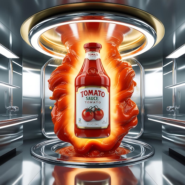 A majestic bottle of tomato sauce suspended midair in a sleek futuristic laboratory