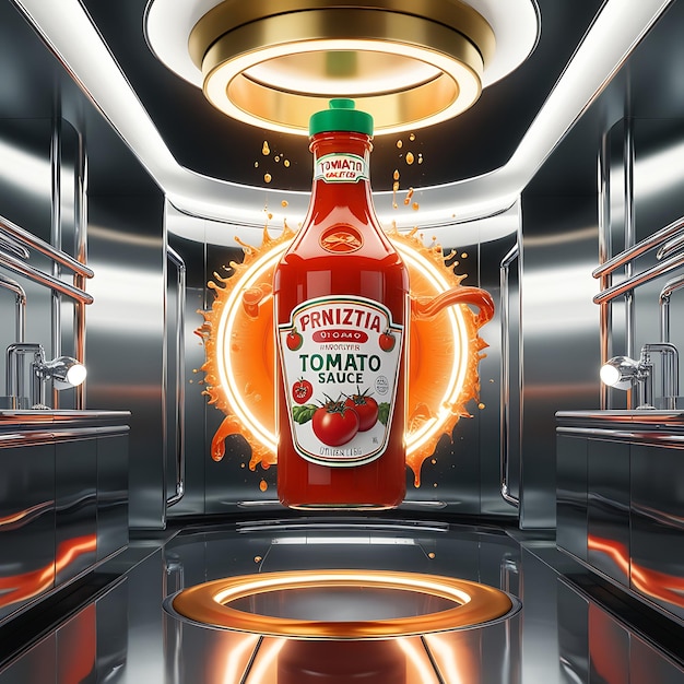 A majestic bottle of tomato sauce suspended midair in a sleek futuristic laboratory