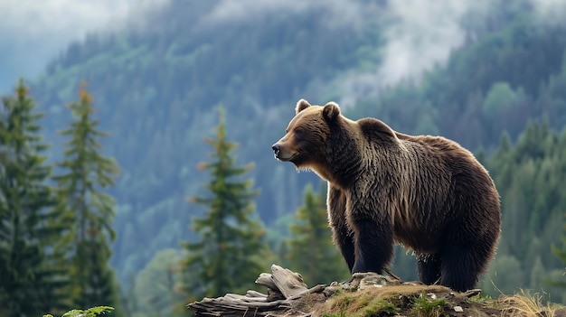 Majestic Brown Bear in Natural Habitat Amidst Green Forest and Misty Mountains