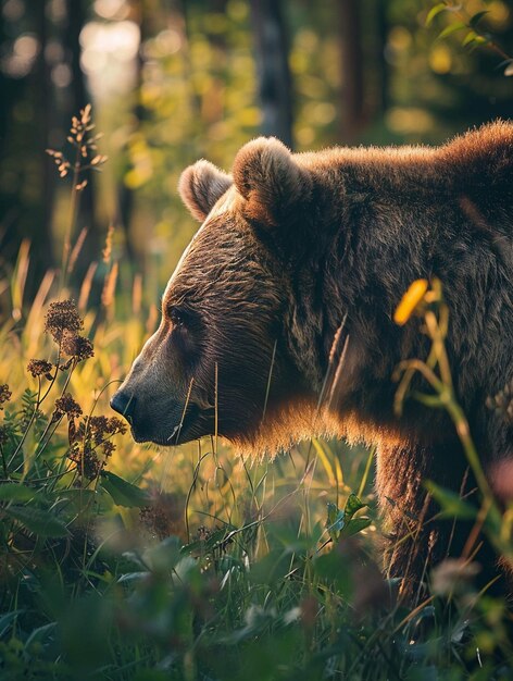 Photo majestic brown bear in sunlit forest clearing