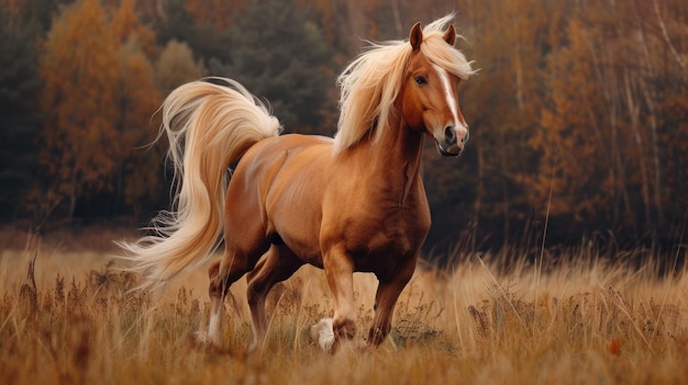 A majestic brown horse galloping through a field of tall grass Ideal for nature and animal themes