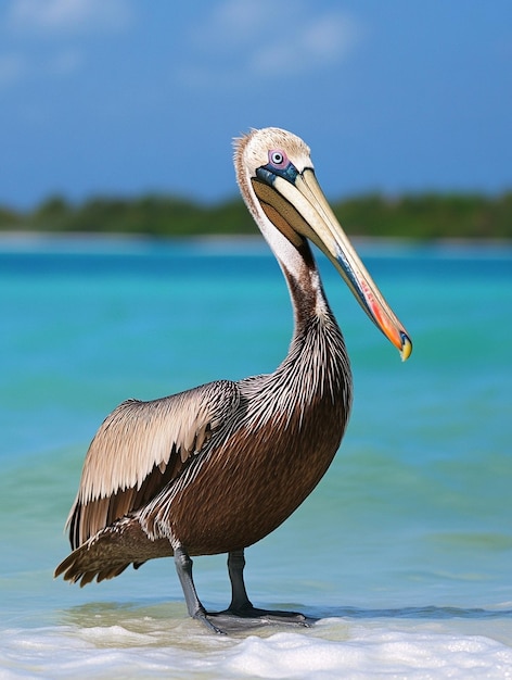 Photo majestic brown pelican standing on shoreline with turquoise ocean background