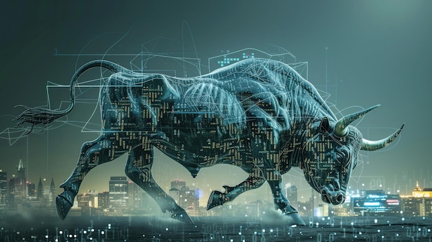 A majestic bull made of swirling stock market numbers symbolizing growth and power set against a digital cityscape