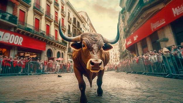 A majestic bull stands regally in the street during San Fermin Generative AI