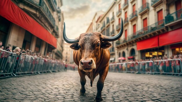 A majestic bull stands regally in the street during San Fermin Generative AI