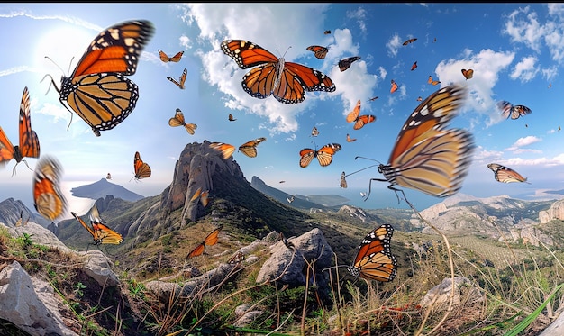 Photo majestic butterfly migration over mountain landscape