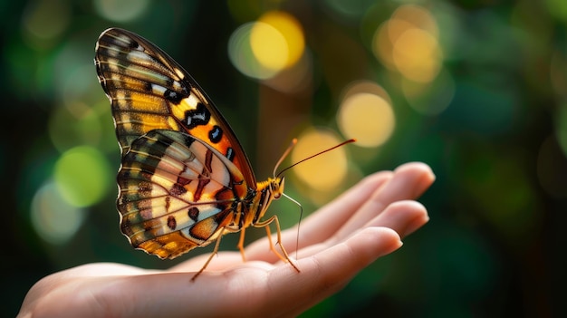 Photo majestic butterfly resting on human hand delicate wings detailed against a soft bokeh backdrop