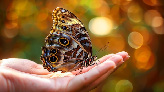 Photo majestic butterfly resting on human hand delicate wings detailed against a soft bokeh backdrop