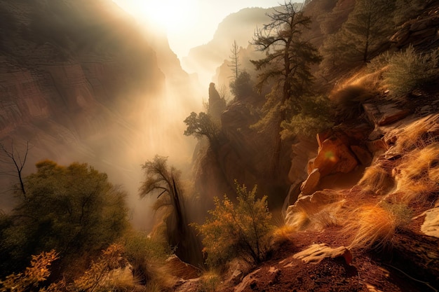 Majestic canyon with misty morning fog and the sun peeking through created with generative ai