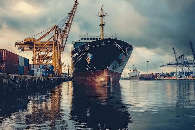 A Majestic Cargo Ship Docked at a Bustling Modern Port Silhouetted Against a Dramatic Cloudy Sky a Testament to Global Trade and Transportation