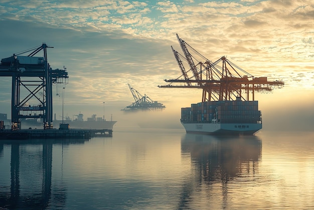 A majestic cargo ship glides through a misty sunrise its silhouette casting a long shadow on the tranquil water The cranes stand tall ready for the days work