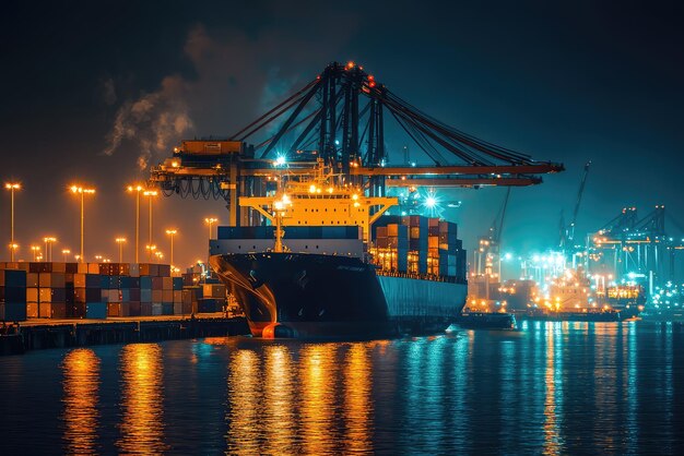 A Majestic Cargo Ship Illuminated Under a Starry Night Reflecting in the Still Waters of the Harbor