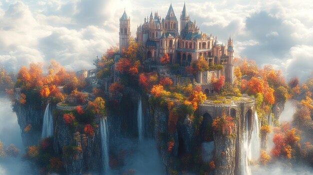 A majestic castle atop a floating island surrounded by waterfalls