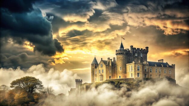 Photo a majestic castle atop a hill surrounded by dramatic clouds and mist