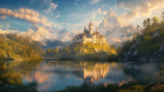 Photo majestic castle on a cliff overlooking a serene lake with mountains in the background