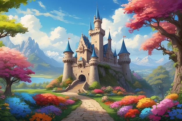 Majestic Castle Digital Painting Surrounded by Colorful Pappy Blooms