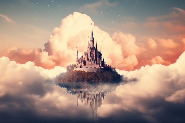 Photo majestic castle hovering in a sunset cloudscape