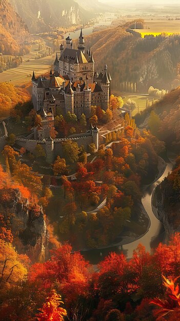 Photo majestic castle overlooking autumn valley with riverbend ai generated illustration