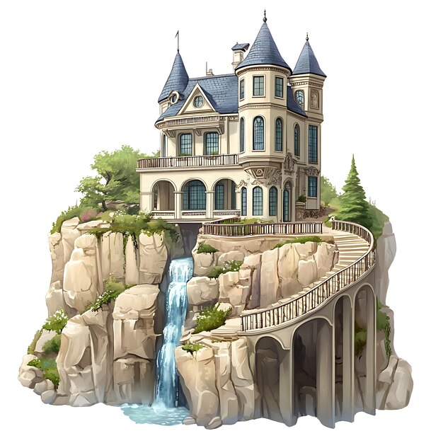 Majestic Castle Perched on a Cliffside with Waterfall