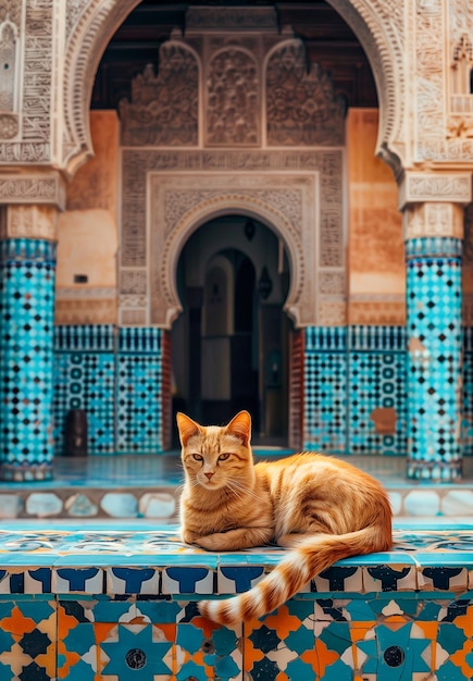 Majestic Cat Relaxing in a Beautifully Decorated Moroccan Courtyard