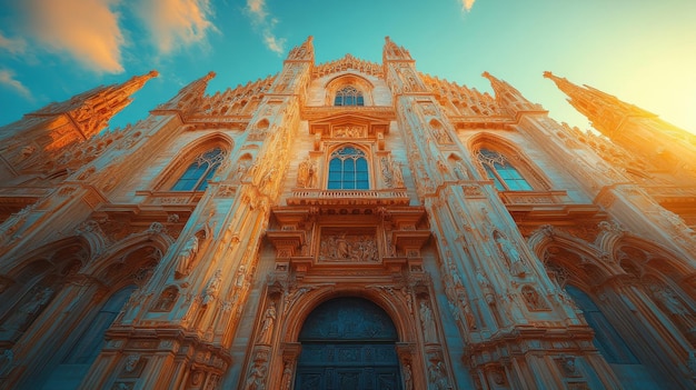 Majestic cathedral facade under a vibrant sunset sky