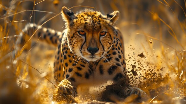 Majestic Cheetah Approaching Through Autumn Leaves