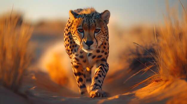 Majestic Cheetah Approaching Through Autumn Leaves