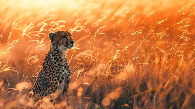 Majestic Cheetah Capturing the Beauty of Nature Through Photography Amid the Vibrant Golden Hues of a Serene Sunset Landscape