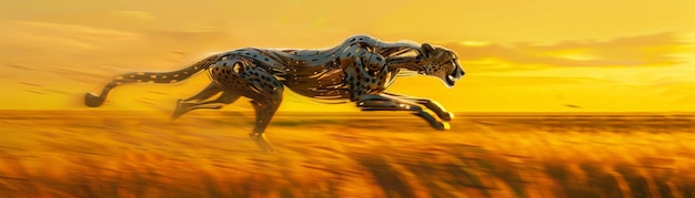 Photo a majestic cheetah sprinting through golden grasslands at sunset showcasing power and grace in the wild