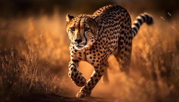 Majestic cheetah walking in African sunset safari generated by AI