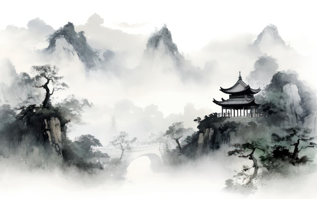 Majestic Chinese mountain peak with an ancient temple shrouded in mist chinese painting illustration