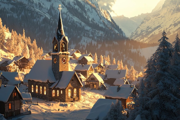 A majestic church stands tall amidst a snowy alpine village bathed in the warm glow of the setting sun casting a serene and tranquil atmosphere