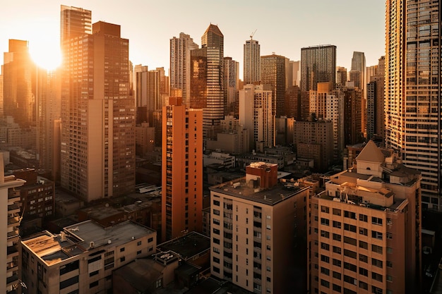 A majestic city skyline during the golden hour