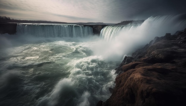 Majestic cliff falling water spray and wave generated by AI