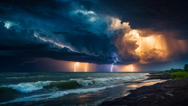 Majestic cloud formations above ocean lightning storm generated by AI