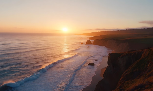 Majestic Coastal Cliff at Golden Hour with Crashing Waves