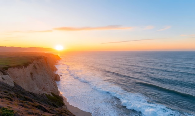 Majestic Coastal Cliff at Golden Hour with Crashing Waves