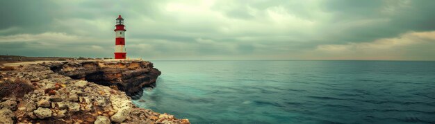 Majestic Coastal Landscape with Historic Lighthouse under Dramatic Cloudy Sky and Tranquil Waters