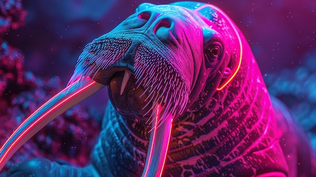 The majestic and colorful tusked walrus graces the scene with its massive size and glowing presence