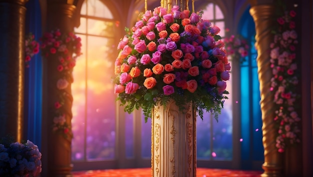 A majestic column adorned with a vibrant bouquet of roses standing tall Detailed realistic