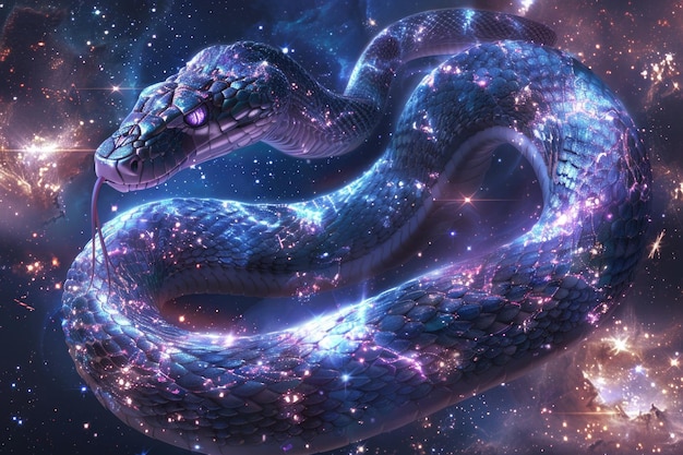 Majestic cosmic snake coiling through the starry expanse of space combining elements of fantasy