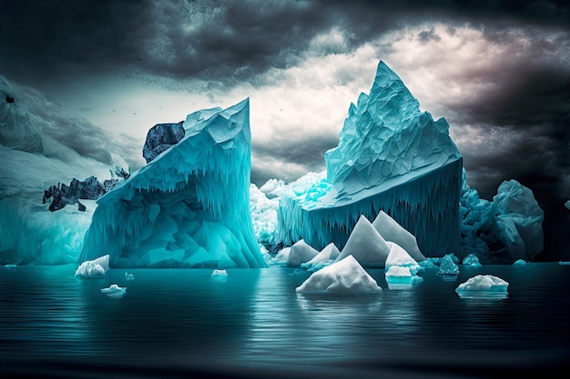 Majestic cracked floating icebergs against backdrop of dark ocean and gloomy sky