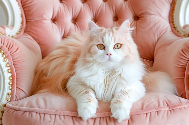 Majestic Creamy White Fluffy Cat Lounging Elegantly on Luxurious Pink Vintage Sofa with Ornate