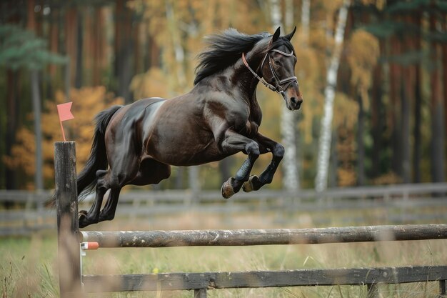 Majestic dark bay horse jumping over obstacle