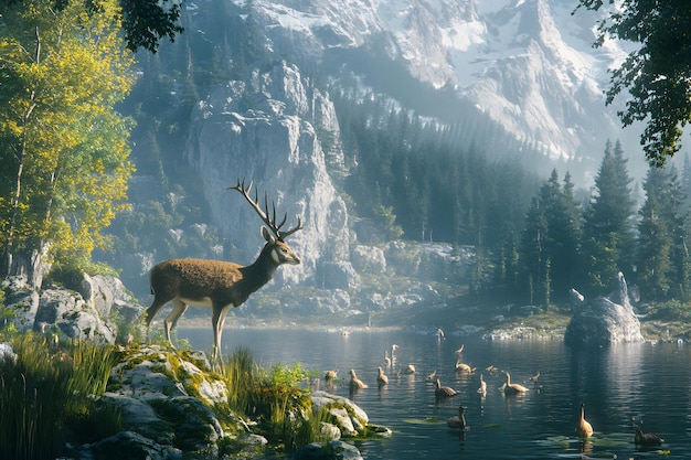 Photo majestic deer by the mountain lake