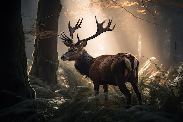 Majestic deer emerge in the forest at dusk generative IA