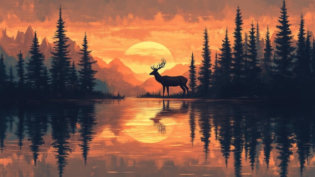 Photo majestic deer silhouette in forest at sunset reflecting on a calm lake