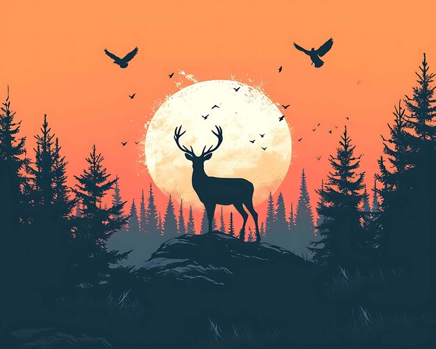 Majestic deer silhouette stands on a forest ridge at dusk with flying birds and a backdrop