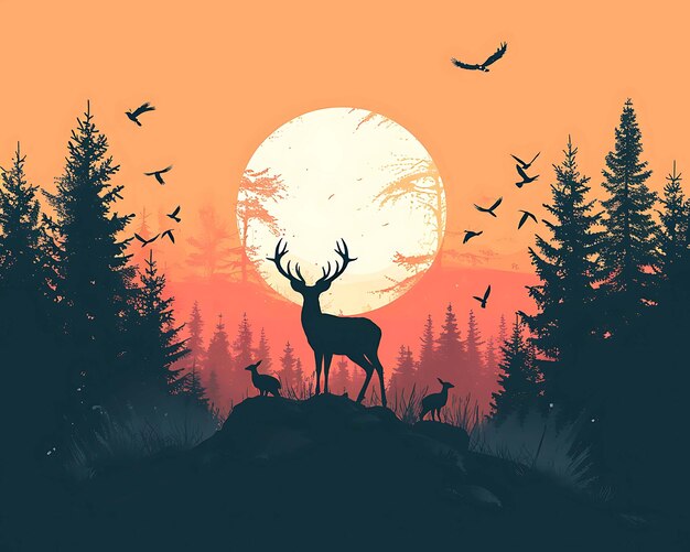 Majestic deer silhouette stands on a forest ridge at dusk with flying birds and a backdrop